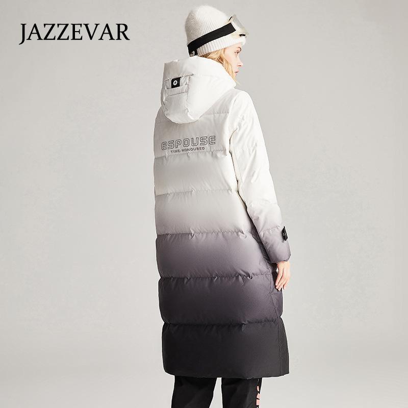 JAZZEVAR Женский длинный утолщенный пуховик, зимнее новое свободное контрастное пальто с капюшоном