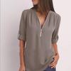 Shirt V-neck Zipper Plus Size Women's Long Sleeved Loose Chiffon Shirt with Adjustable Sleeves