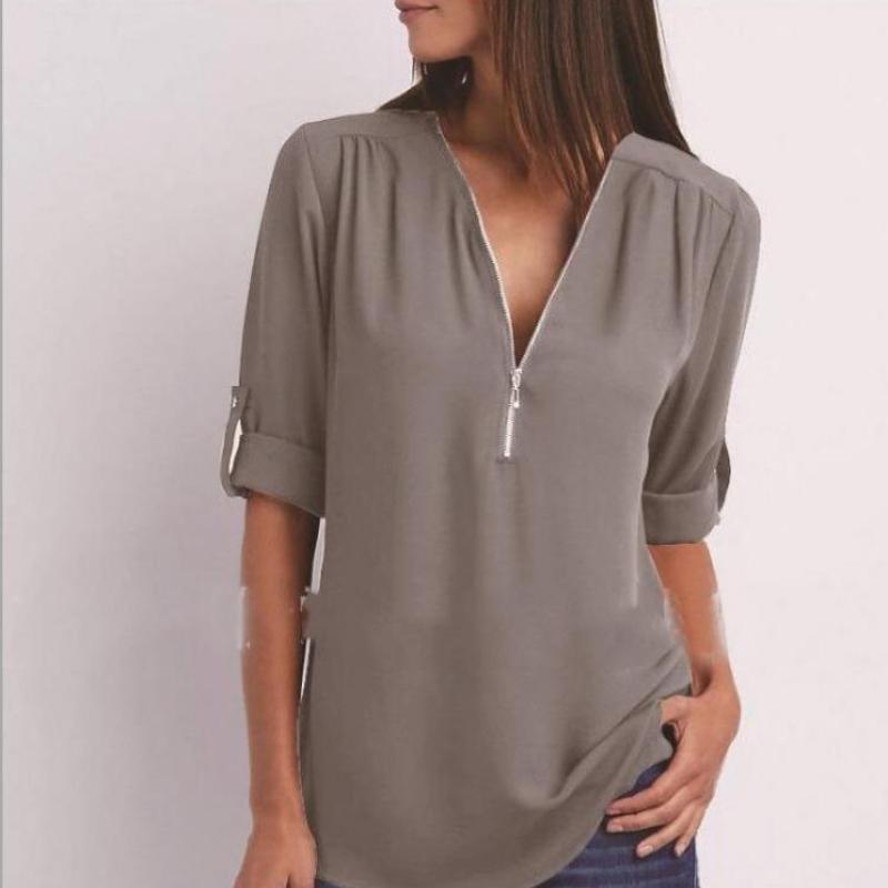 Shirt V-neck Zipper Plus Size Women's Long Sleeved Loose Chiffon Shirt with Adjustable Sleeves