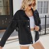 2024 Spring Women's Black Denim Jacket with Rivet & Tassel Details