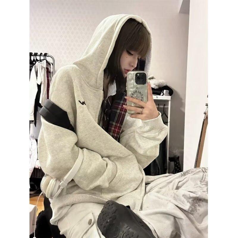 Толстовки с капюшоном женские с карманом на молнии в клетку с длинным рукавом плюс бархат осенние теплые на молнии корейские популярные повседневные студенческие