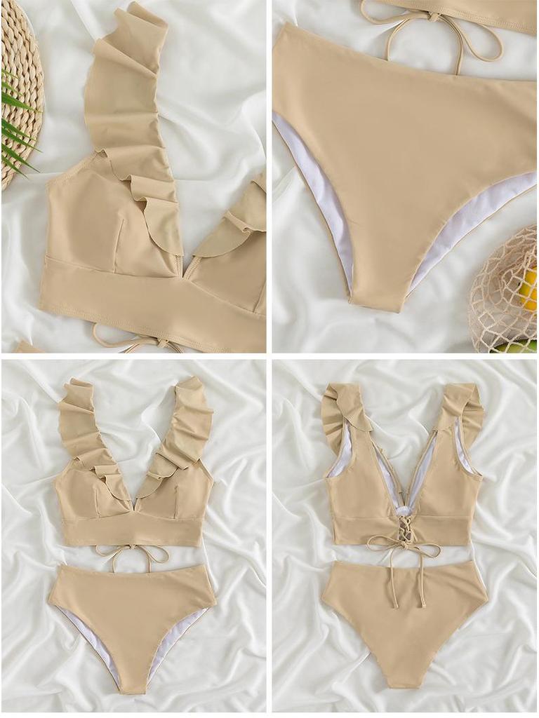 Разноцветное бикини с оборками, V-образным вырезом и высокой талией - Женский европейский и американский пляжный купальник