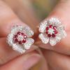 Bling Flower Stud Earrings Full Cubic Zirconia Ear Accessories for Women Shiny Red Earrings Fashion Jewelry