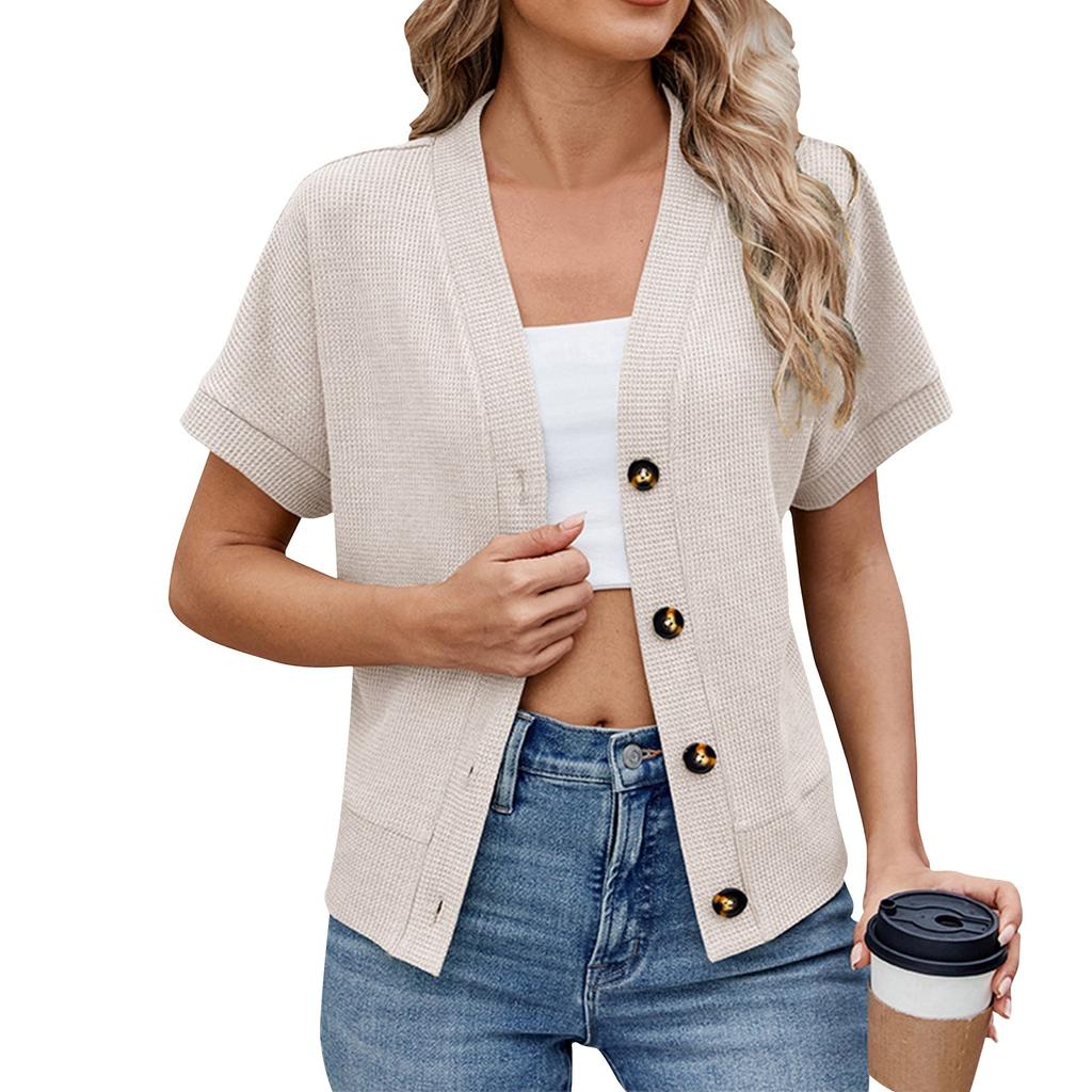 Женский модный и универсальный повседневный кардиган с коротким рукавом и V-образным вырезом на пуговицах