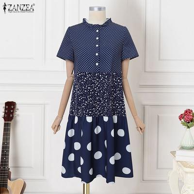 Женское повседневное платье с круглым вырезом, принтом в горошек, свободного кроя, с коротким рукавом