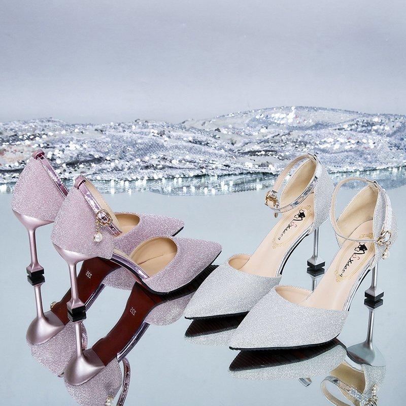 Летние новые туфли на высоком каблуке со стразами и острым носком, модные и сексуальные цельные босоножки с пряжкой для женщин