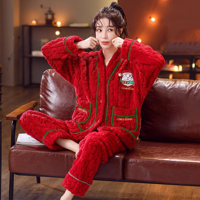Autumn Winter Christmas V Neck Flannel Pajamas Thickened Women's Home Set
