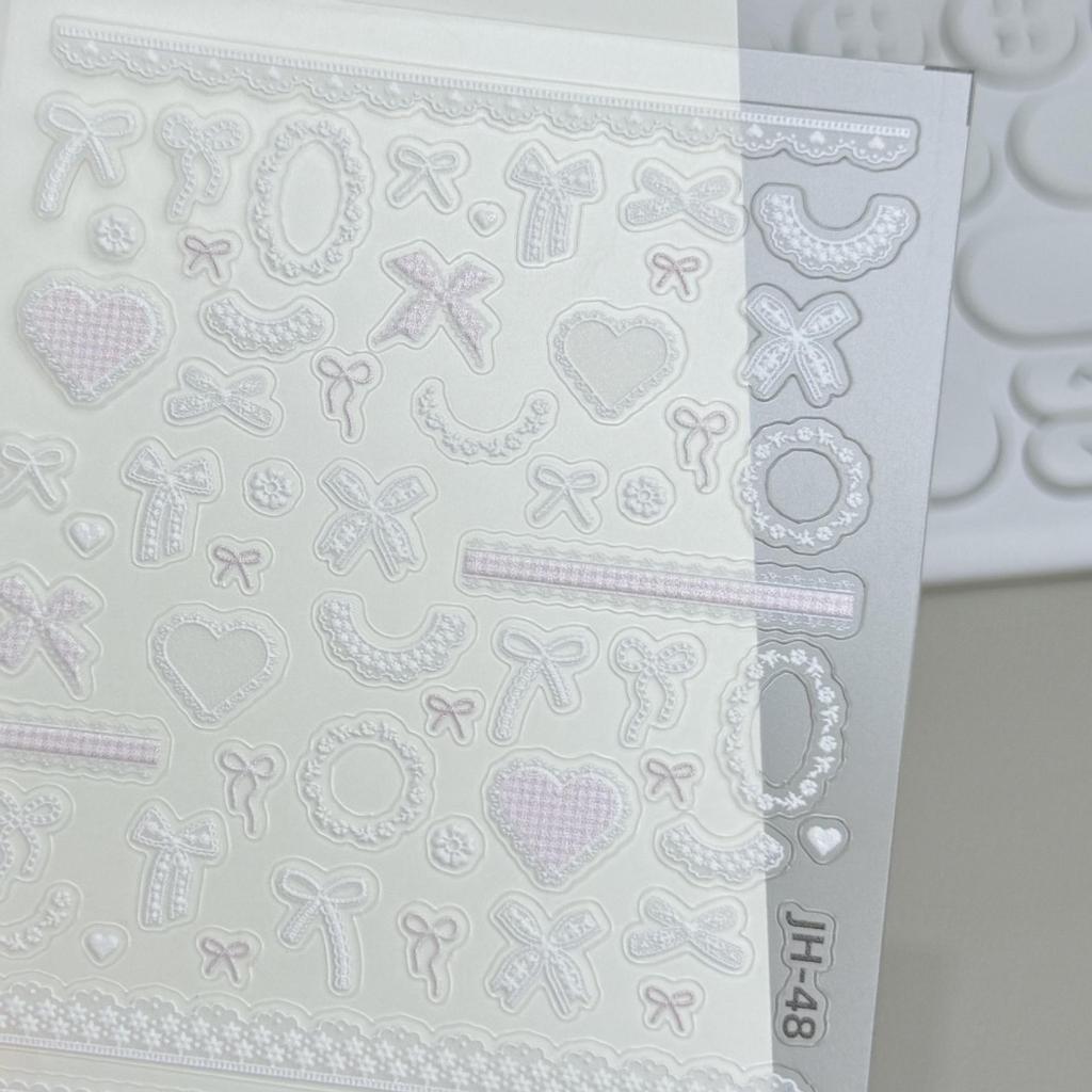 Pink Bow & Floral Shell Nail Stickers - Embossed Lace & Heart Designs