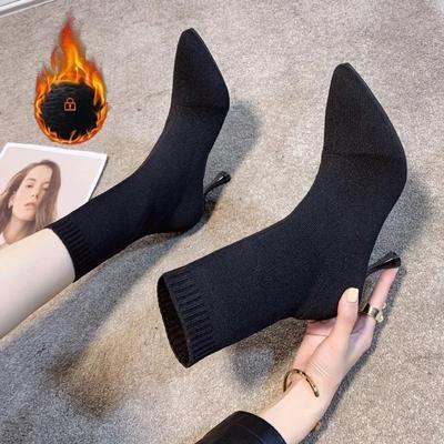 Модные носки, сапоги, женские, эластичные, из эластичной ткани, на шпильках, на каблуке, сексуальные, с острым носком, ботильоны, женские, на тонком каблуке, туфли для вечеринки