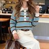 2026 Autumn/Winter Gentle Retro Striped Polo Collar Long Sleeve Sweater for Women