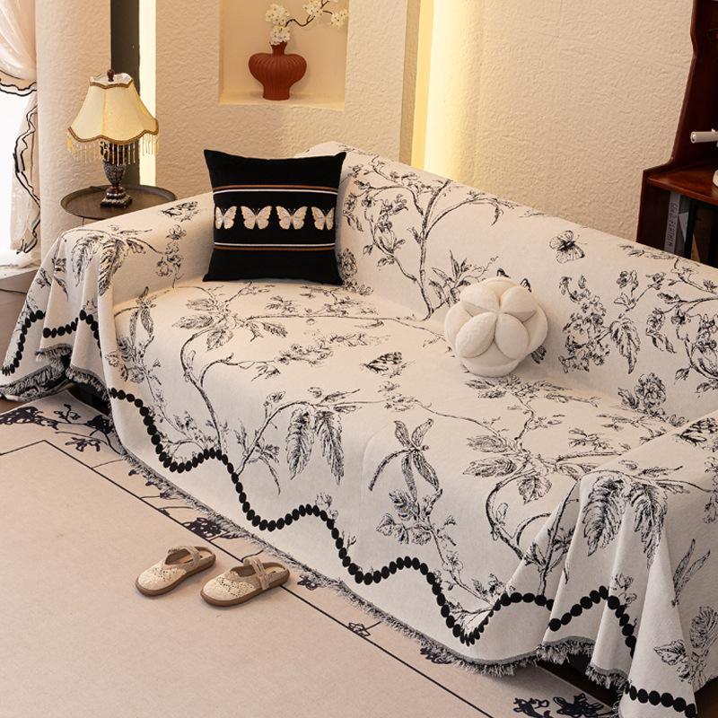 French Wave Striped Sofa Towel Plant Flower Pattern Chenille Settee Mat All Season UseAnti Cat Scratch Anti Slip Home Decoration