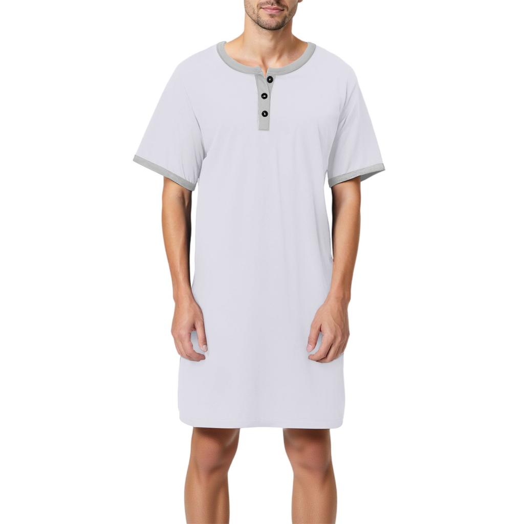 Men's Solid Color Cotton Short-sleeved Pajamas Button-down Collar Long Loose Pajamas Home Clothes