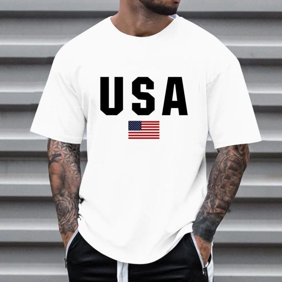 Men T-shirt Round Neck Short Sleeve Slim Fit Tee Shirt USA Pattern Versatile Tee Tops Running Fitness Tops Daily Wear