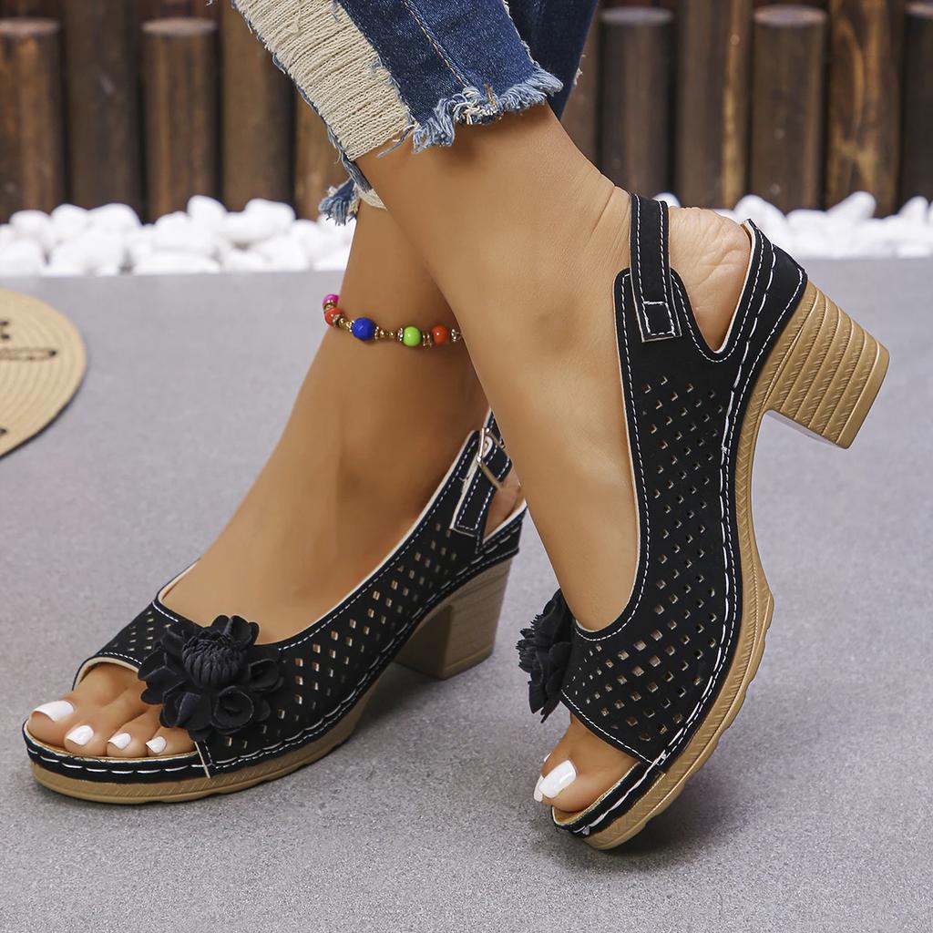 Fashion Fashion Flower Decor Square Heel Sandals Women Hollow Out Breathable Slingback Sandals Woman Summer Comfort Casual Beach Shoes
