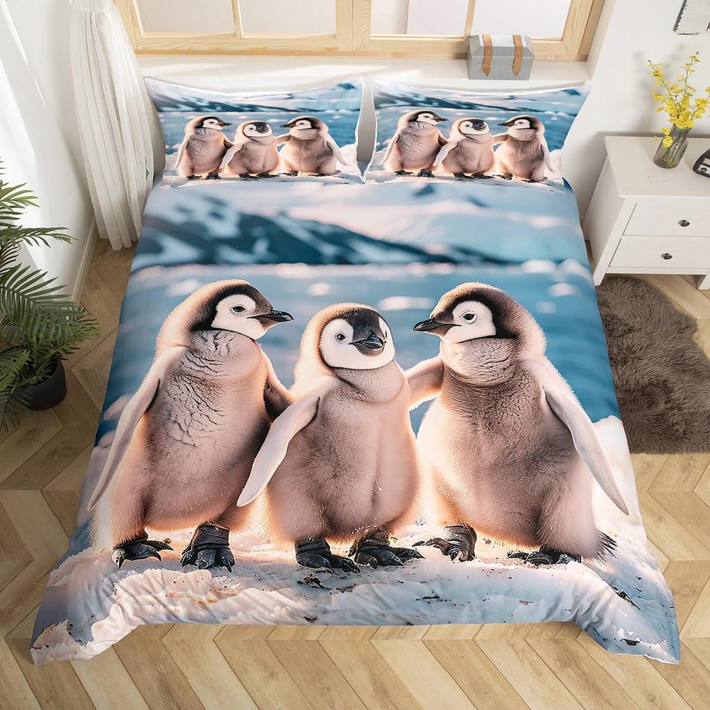 Cartoon Penguin Duvet Cover Polar Animal Watermelon Bedding Set for Boys Girls Room DecorArctic Wildlife Fruit Comforter Cover