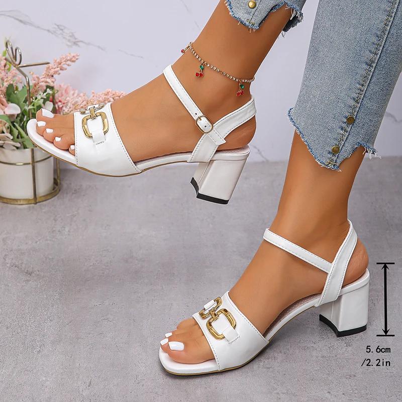 Fashion Plus Size Fashion Women's Square Heel Sandals with Chain Ankle Strap High Heels Party Shoes Woman Metal Decor White Sandals 2025