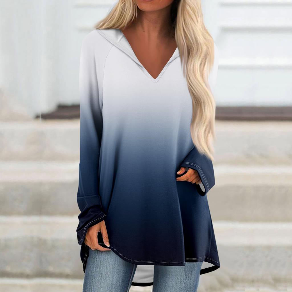 Women's V-neck Hooded Loose Long-sleeved Tops Casual Tops Home Leisure Pajamas Tops