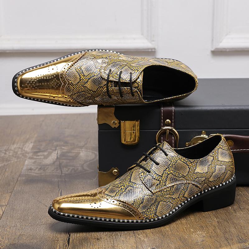 Designer Men's Gold Silver Snakeskin Patent Leather Casual Brogues Shoes Formal Wedding Dress Homecoming Footwear Zapatos Hombre