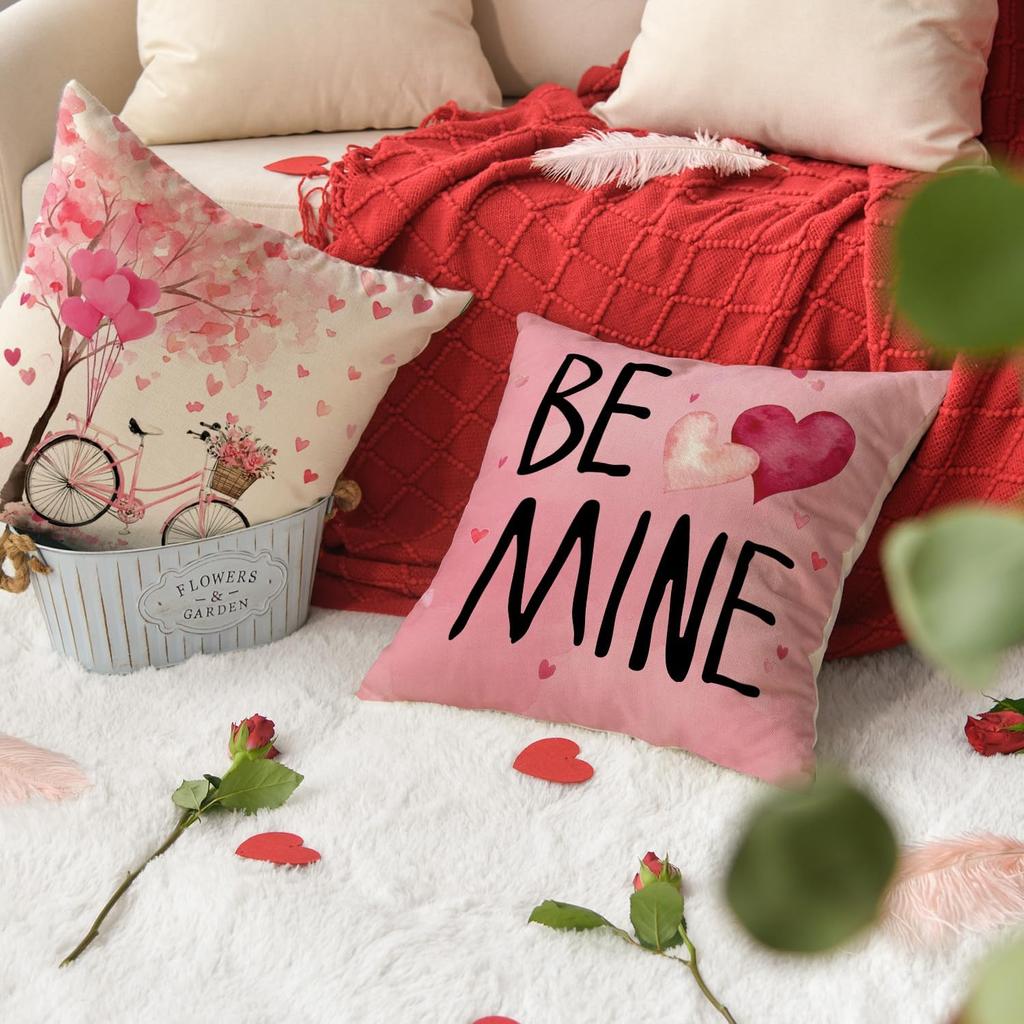 AVOIN colorlife Happy Valentine's Day Pink Heart Trees Throw Pillow Covers, 18 x 18 Inch Be Mine Bicycle Balloon Anniversary Wedding Cushion Case