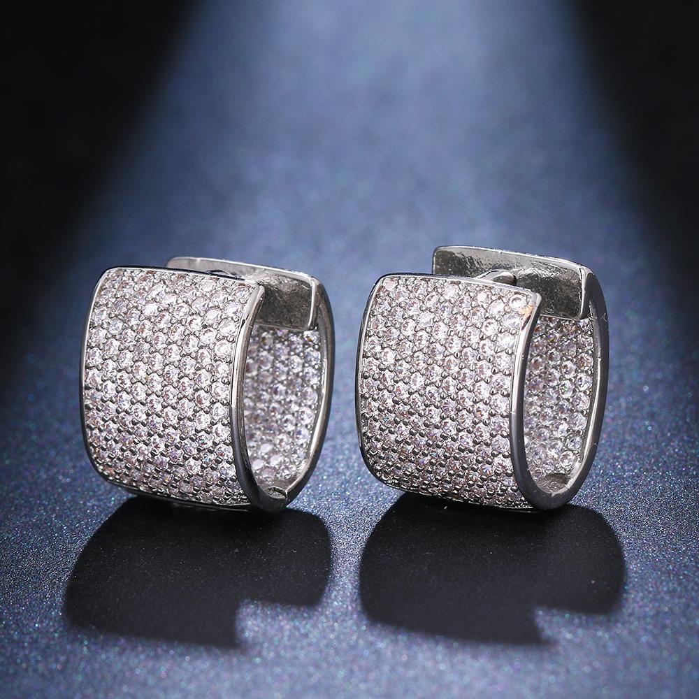 EmmayaZircons Double Sided Micro Paved Cubic Zirconia White Gold CZ Stone Rectangle Hoop Earrings for Ladies Jewelry