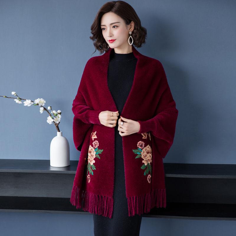 Shawl Jacket Cloak Sweater Autumn and Winter Warm Scarf Women's Dual-purpose Thick Medium Long Outer Cloak