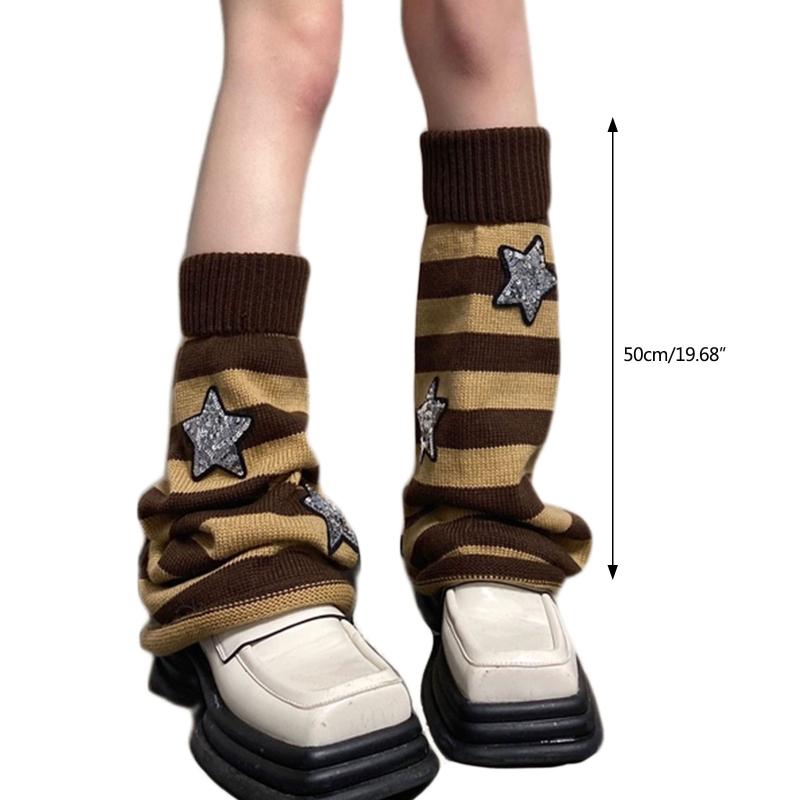 Harajuku Women Autumn Leg Warmers Socks Japanese Gothic Striped Sequins Stars Knitted Long Socks Punk Baggy Foot Covers