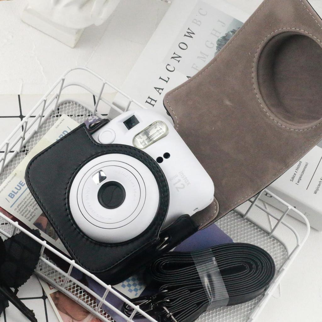 Fujifilm Instax Mini 12 Instant Camera Protective Cover, Mini 12 PU Leather Camera Case with Shoulder Strap (Black)