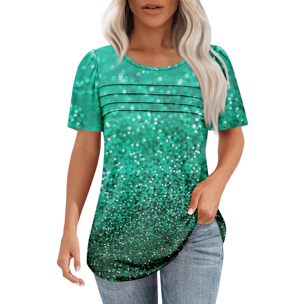 Ladies' Fashionable Printed Round Neck Pleated Short Sleeved Shirt