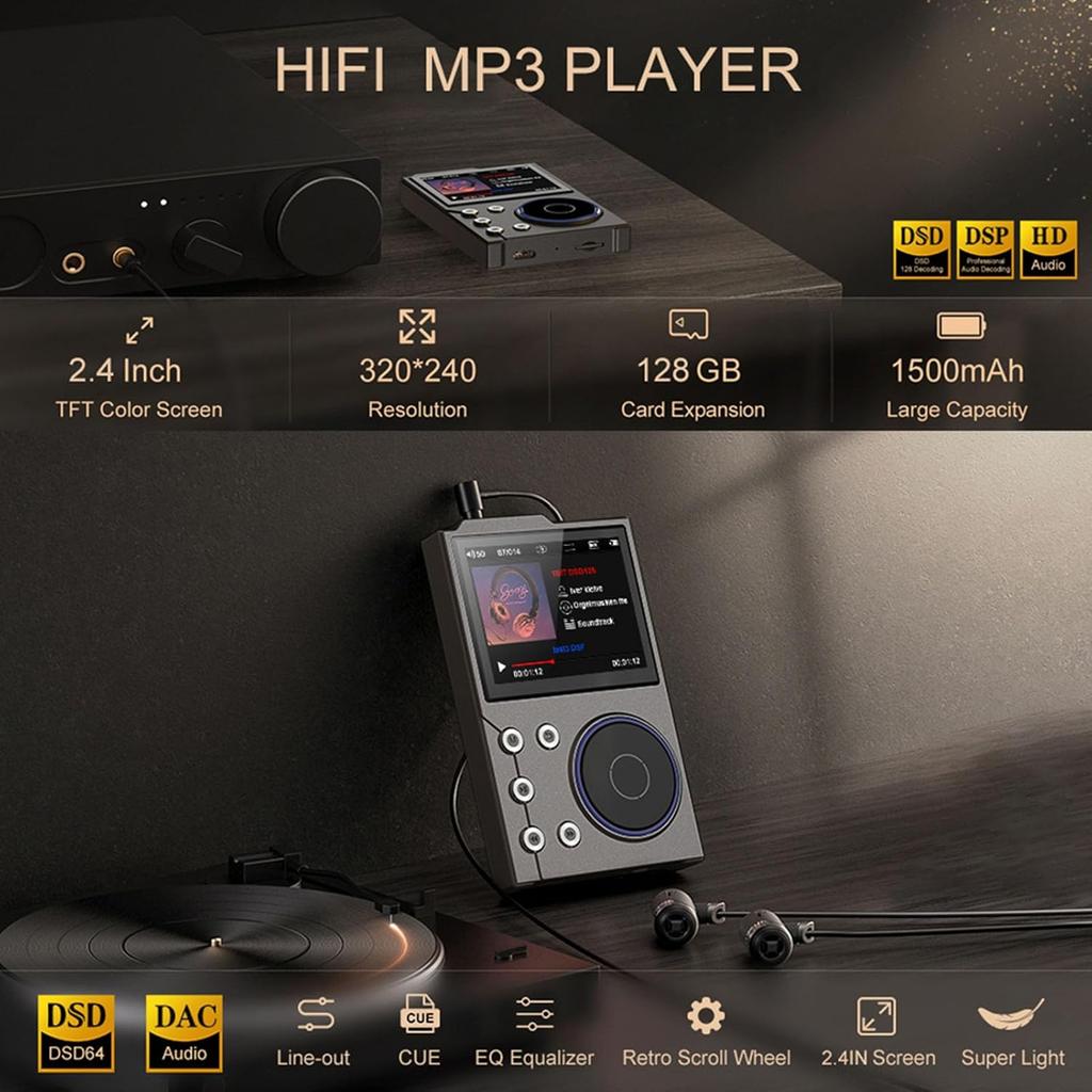 MP3 Player with Bluetooth 5.3, 16GB Digital Music Player 5.3 Lossless DSD DAC FLAC Player with 2.4inch HD Display Screen, Portable Audio Player,