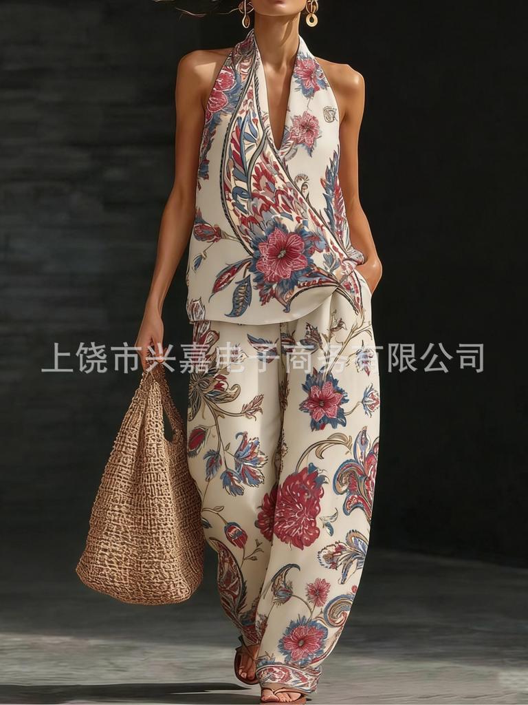 Bohemian print top, wide-leg pants, two-piece set, one casual vacation set.