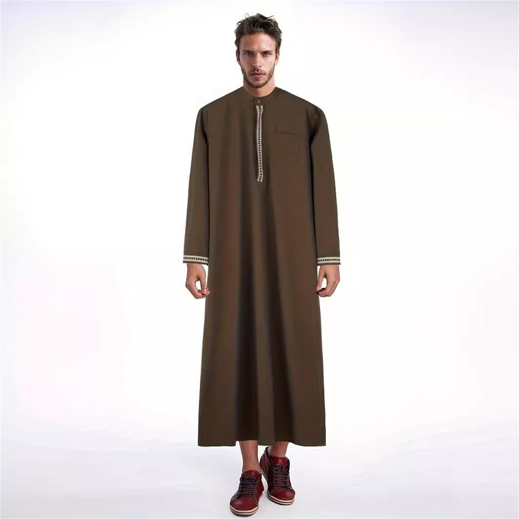Однотонный кружевной халат с воротником-стойкой и длинными рукавами и карманами для мужчин-мусульман