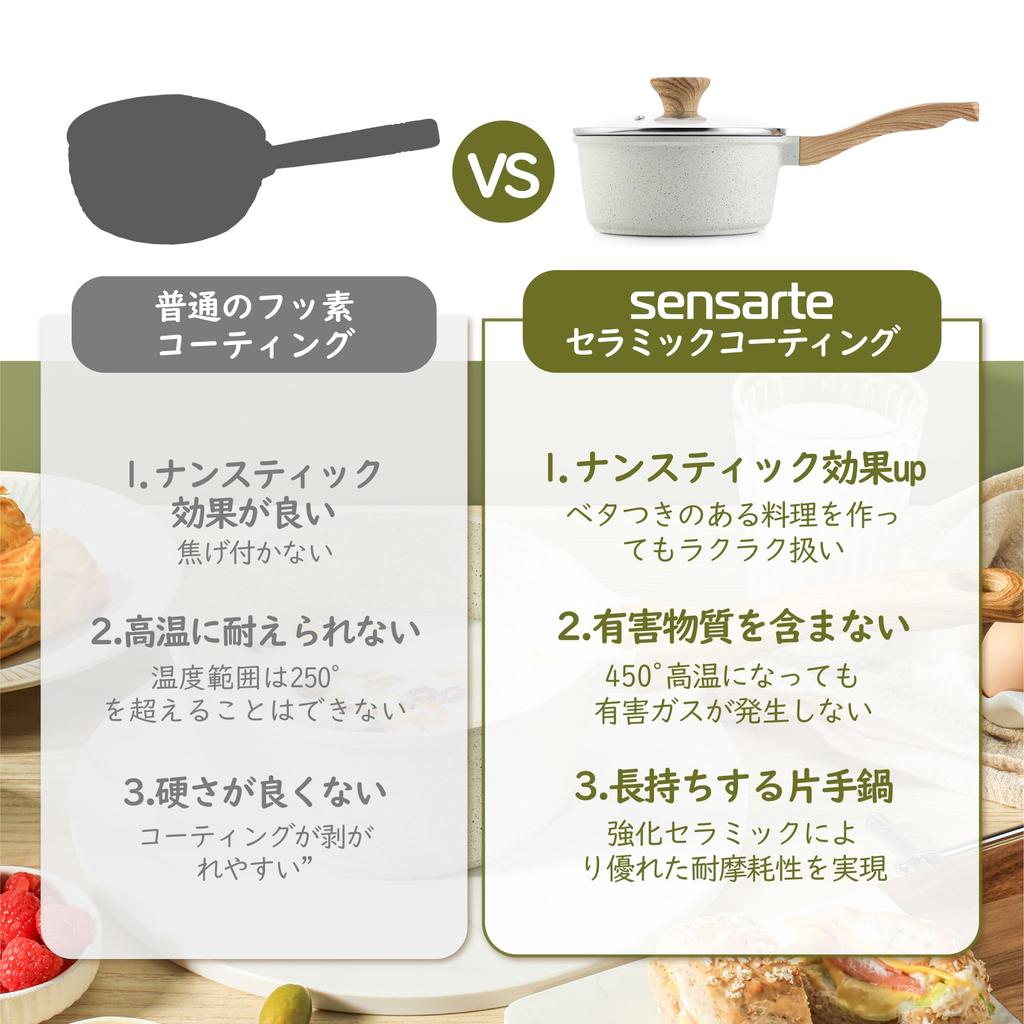 Sensarte Pot 16cm Ceramic Milk Pan Single Person PFAS Free IH Compatible with Lid Easy To Clean One-handed Non-Stick