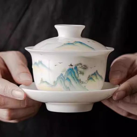 Dehua white porcelain Qianli Jiangshan cover bowl teacup ceramic kung fu tea set Sancai cover bowl suet jade cover cup tea bowl