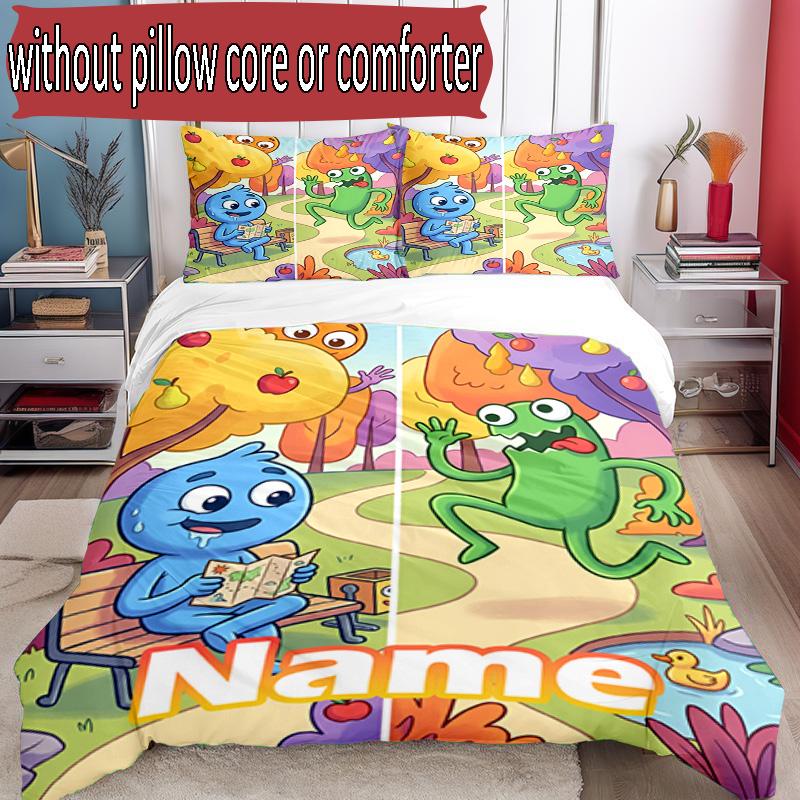 3pcs Duvet Cover Set (1*Duvet Cover + 2*Pillowcase, Without Core), Custom Name Game Rainbow Friends Pattern Bedding Set, Home Bedroom Decor Gift