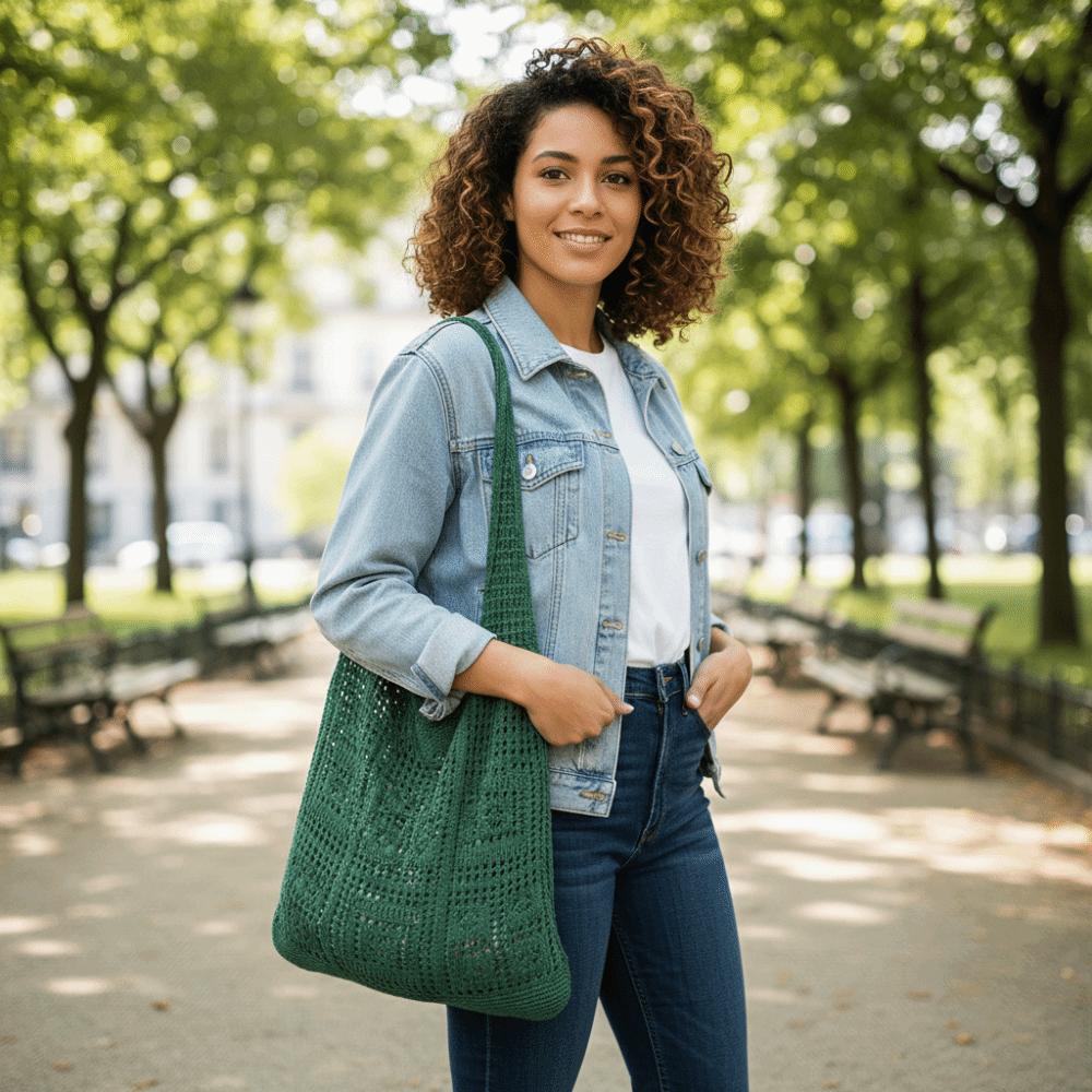 Woven Crochet Mesh Bag Solid Color Shopping Handbag Simple Knitting Shoulder Bag Summer
