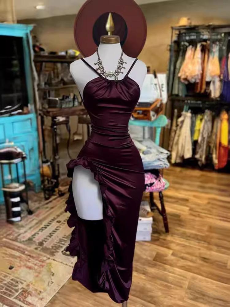 Vintage Y2k Halter Sleeveless Party Dress Women Sexy Slim Split Backless Long Dresses Fashion Chic Strappy High Streetwear Clothing