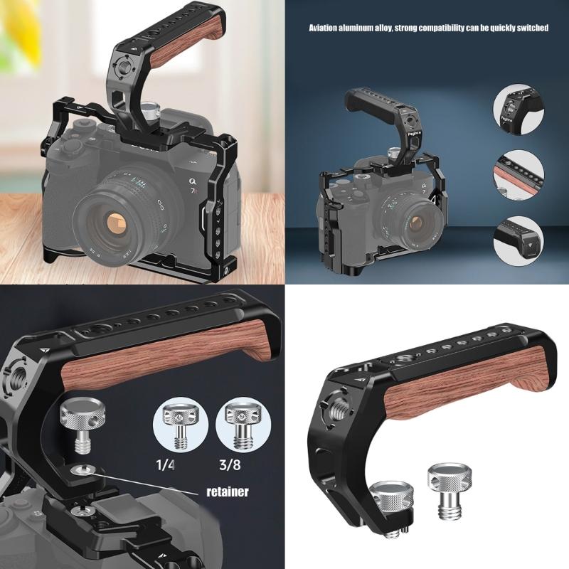 DSLR Wood Handle with 1/4 and 3/8 Threaded Holes Includes Cold Shoe Mounts Adapters for Camera Cage Rig