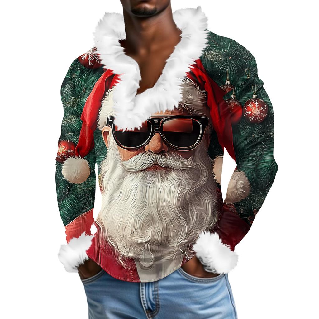 Мужской повседневный рождественский плюшевый свитшот с V-образным вырезом и длинными рукавами из флиса