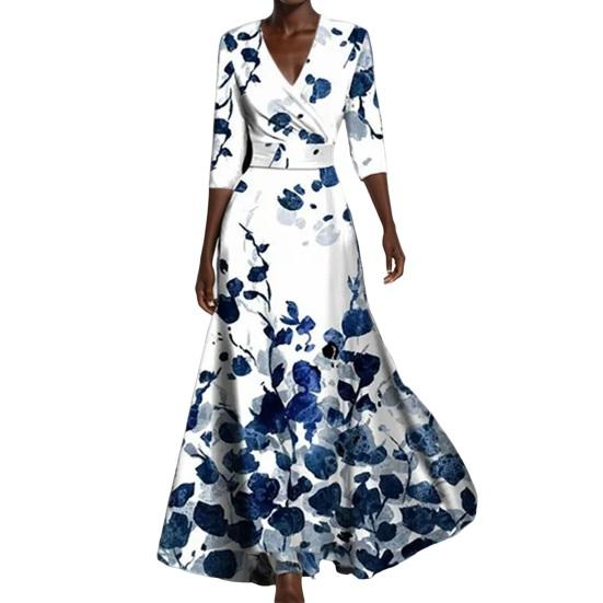 Женское платье макси с цветочным принтом в стиле бохо, повседневное платье миди с коротким рукавом и V-образным вырезом, женское летнее пляжное длинное платье А-силуэта