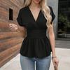 Женские топы с V-образным вырезом, реглан, короткий рукав, рубашка, плиссированный край, однотонные, облегающие талию, топы обычного кроя, повседневная одежда