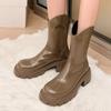 Женская обувь Высококачественные женские ботинки на молнии Зимние теплые с круглым носком Однотонные модные ботинки на толстом каблуке средней высоты
