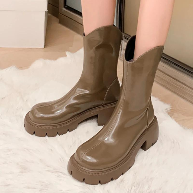 Женская обувь 2024 Высокое качество Молния Женские ботинки Зимние теплые Круглый носок Однотонные Средняя голень Массивный каблук Модные ботинки