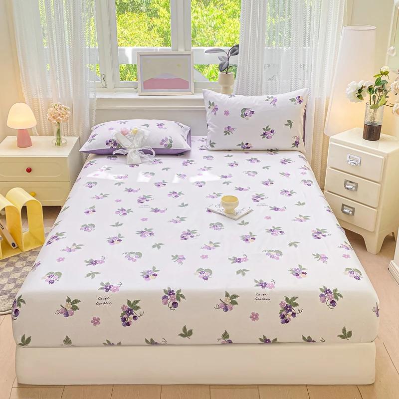 Pure Cotton Printed Fitted Sheet Soft Comfortable Mattress Cover With Elastic Band For Single Double Queen Size Bed