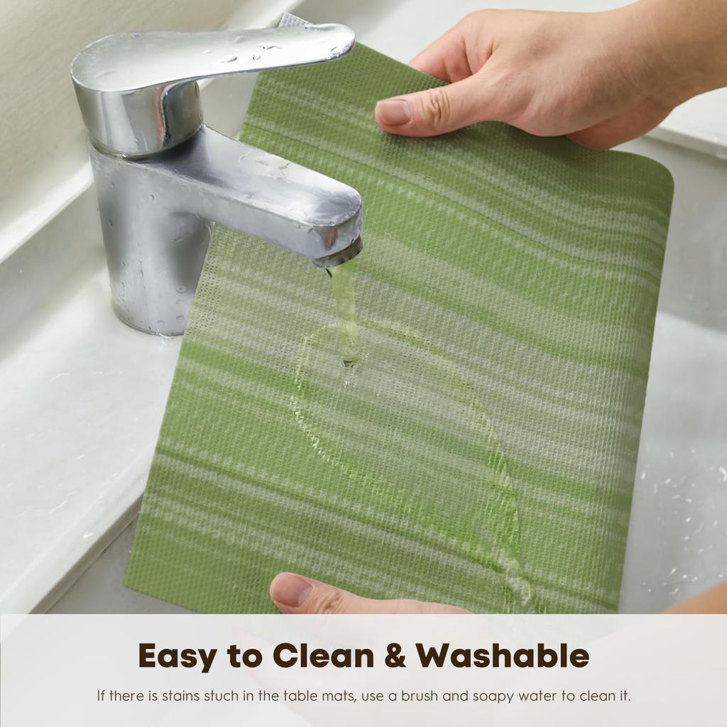Green Gradient Stripes Placemats Set of 4, Washable Heat Resistant Non-Slip Woven Plastic Spring PVC Place Mats