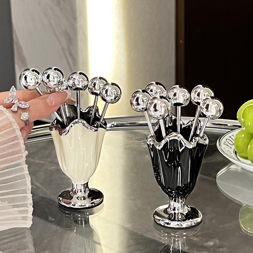 High-looking Stainless Steel Fruit Forks, Home Use, Light Luxury, Youngsters's Safety Small Fork Set, Storage Jar, Dessert Fruit Picks
