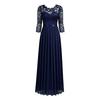 Women Elegant Gown Dress O-Neck 3/4 Sleeve Embroidery Lace Stitching High Waist Loose Hem Robe Dress Wedding Night Party Maxi Dress