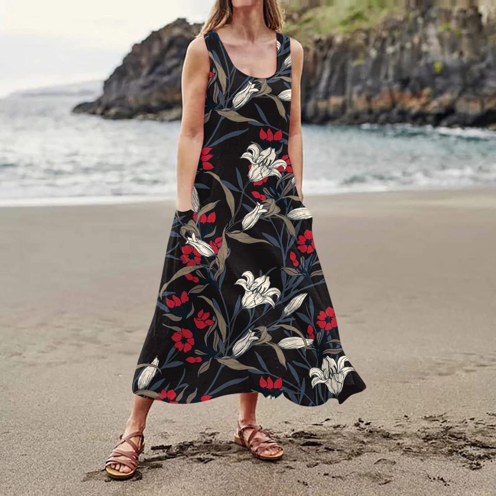 Женское повседневное удобное хлопковое карманное платье без рукавов с цветочным принтом