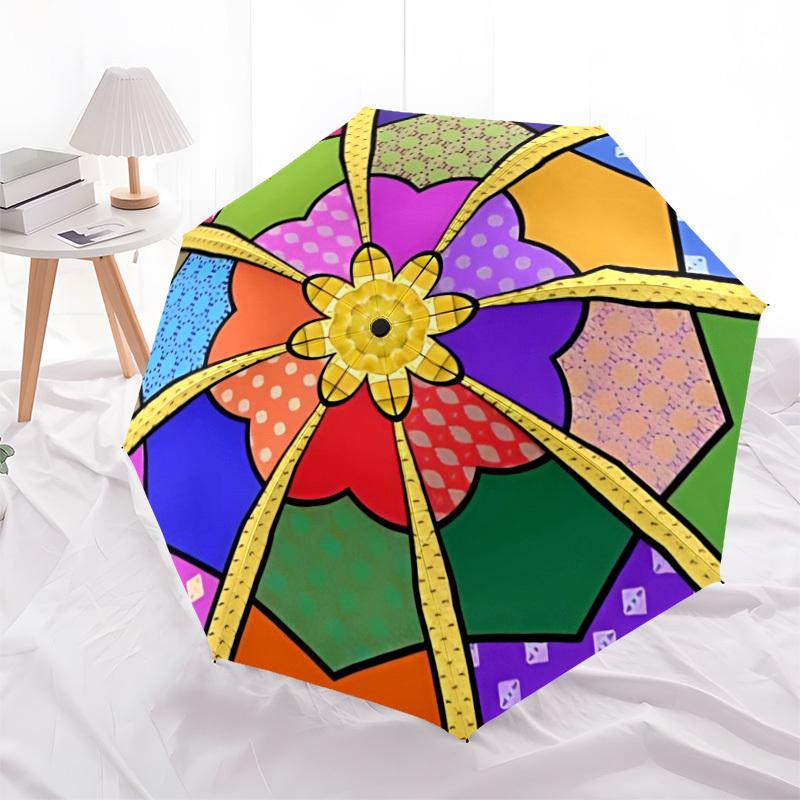 1pc Patchwork Quilt Pattern Automatic Folding Umbrella, Casual Outdoor Accessory, Birthday Festival Gift yy251126158