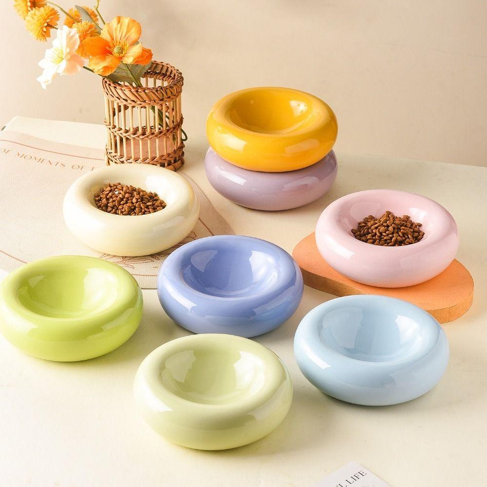 Wide Opening Donut-Shaped Cat Bowl High-Aesthetic Pet Food Bowl Ceramic Cat Bowl Home