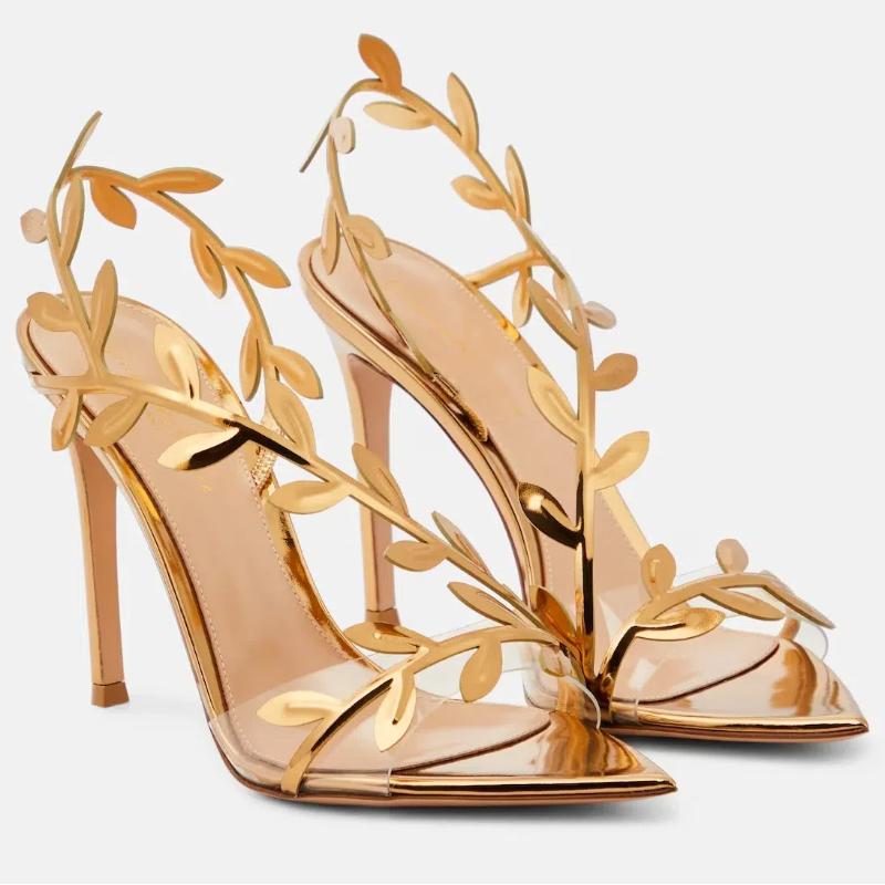 Summer Women's High-heeled Sandals, Golden Branches And Jade Leaves High-heeled Shoes, Stiletto Pointed High-heeled Sandals